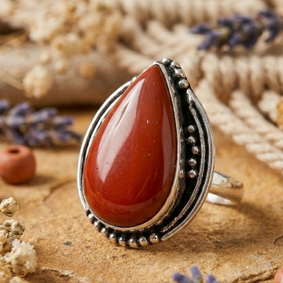 Sterling Silver Red Moss Agate Artisan Statement Ring Boho Teardrop Size 7.75 - Picture 6 of 12